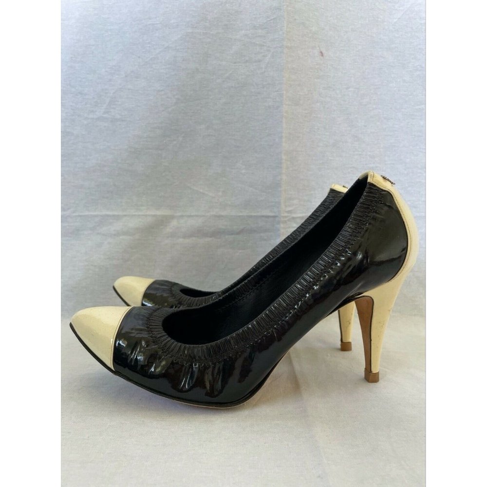Authentic Chanel Womens Shoes Elastic Pumps Heels Cap Toe Leather Black Beige 39 - Picture 6 of 13